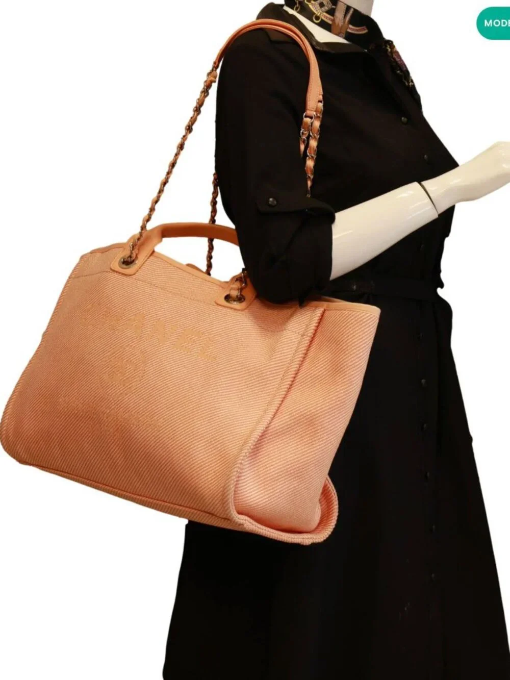 Chanel  Deauville Medium Mixed Fibers Canvas Calfskin Shopping Tote Bag Peach - Picture 2 of 11